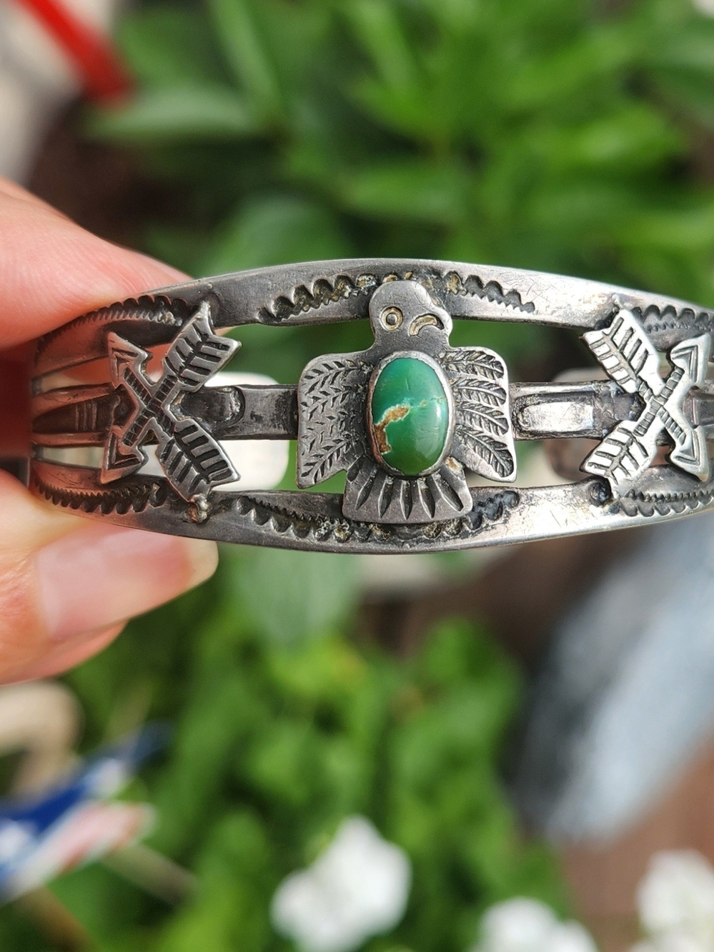 Silver Thunderbird Cuff Bracelet with Green Turquoise Stone